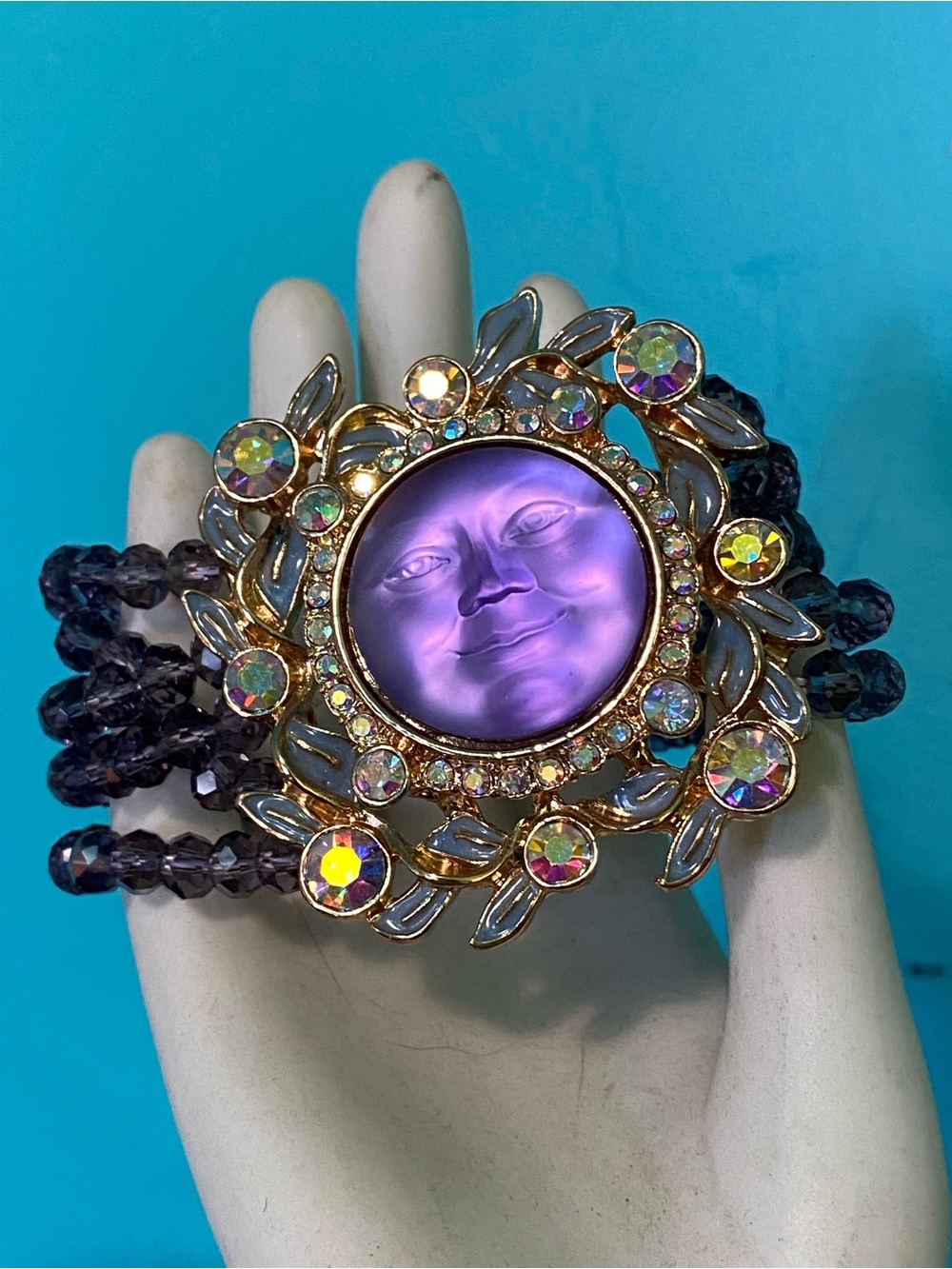 Kirks Folly Moon Face 5 Strand Stretch Bracelet Purple & AB Aurora Borealis